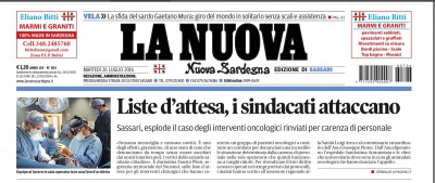 La prima pagina de La Nuova Sardegna che riporta la posizione di NurSind Sassari