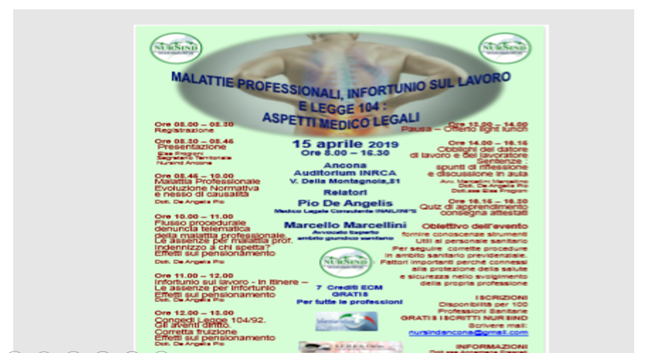 Corso Ecm NurSind gratuito, 7 crediti. Malattie professionali, infortunio in sanitá e legge 104. Aspetti medico legali