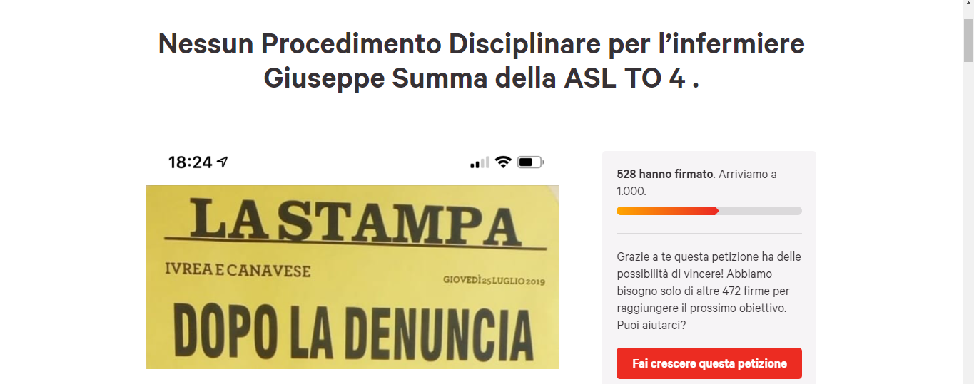 Procedimento disciplinare per aver denunciato le alte temperature nelle degenze. Firma la petizione, sostieni Giuseppe Summa